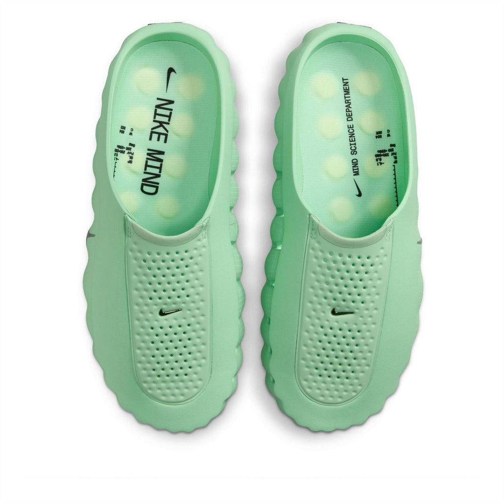 Volt green Nike sandals, pair view with cushioned insoles and perforated uppers