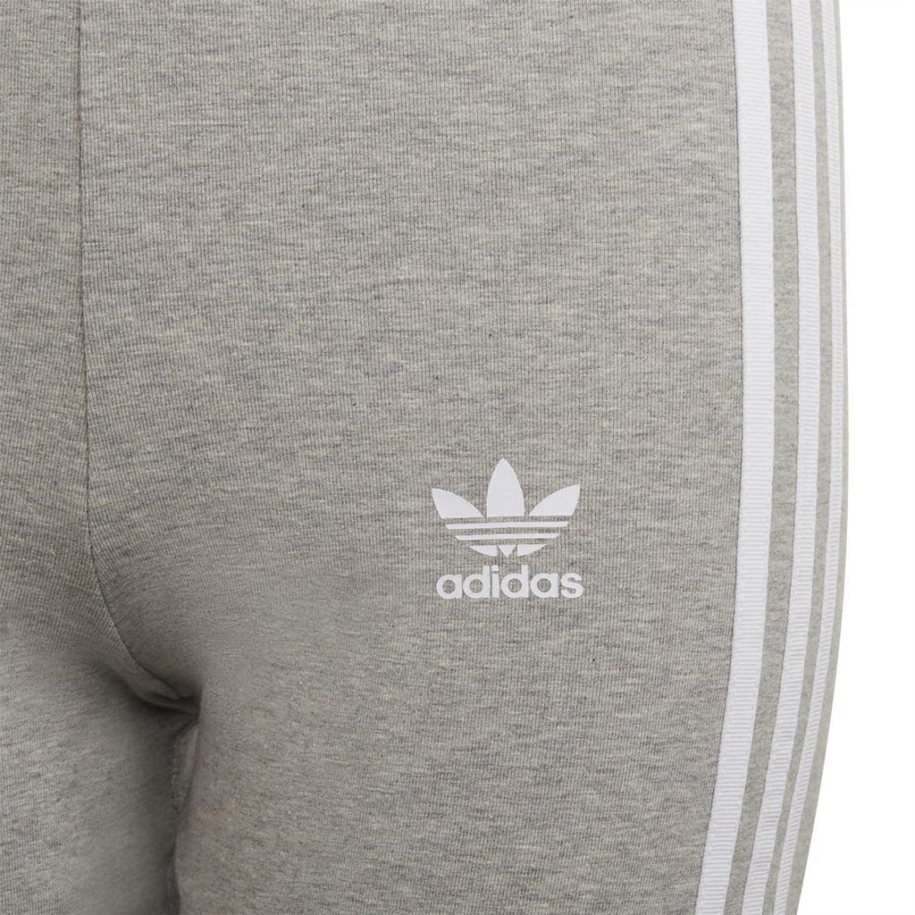 Grey adidas cycling shorts detail with white adidas trefoil logo and side stripes