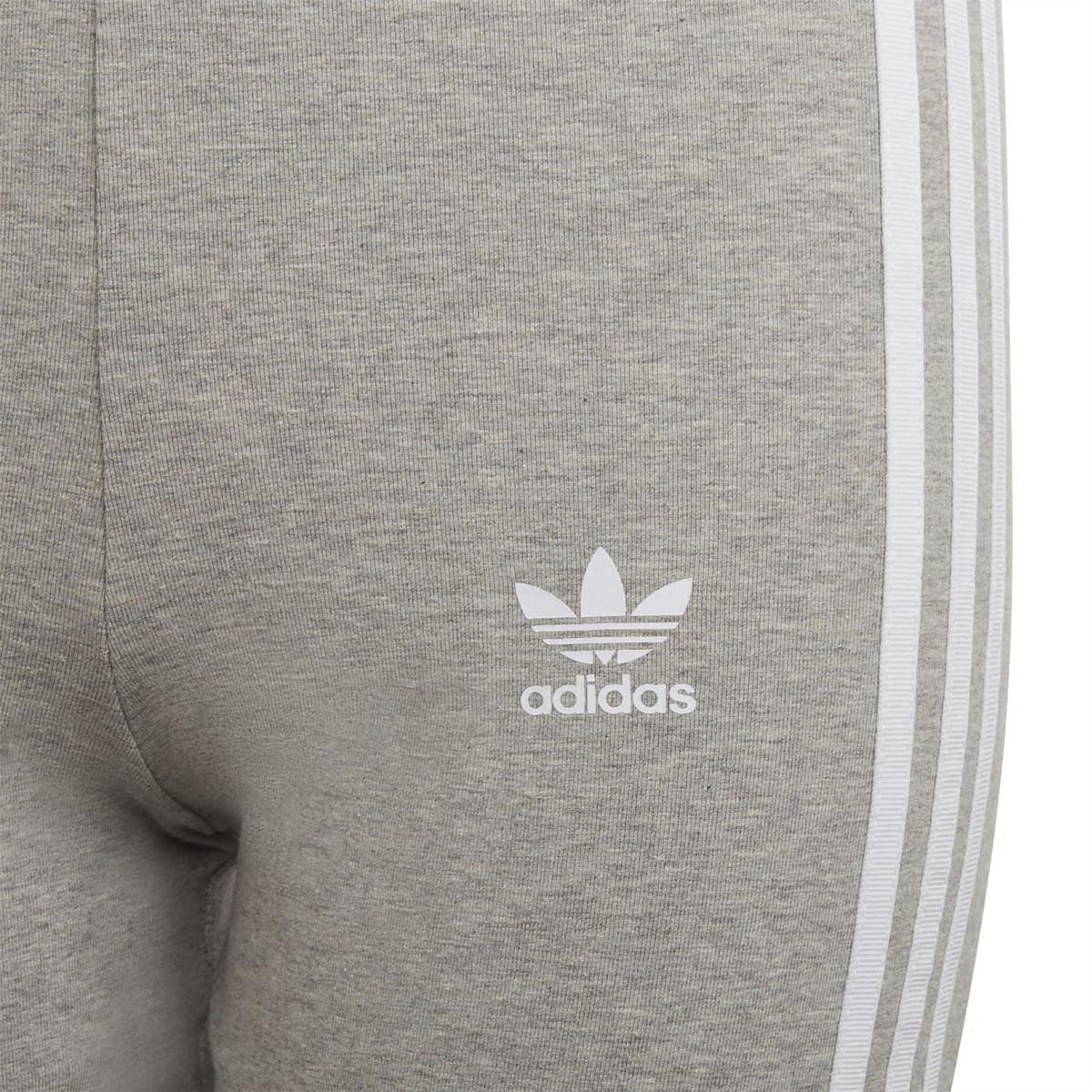 Grey adidas cycling shorts detail with white adidas trefoil logo and side stripes