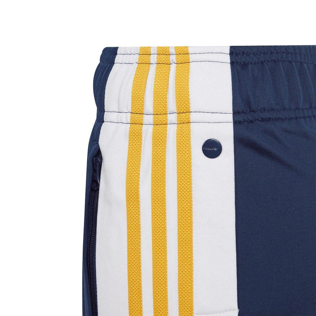 adidas Originals indigo shorts with white and yellow striped side panel and logo button