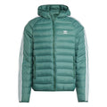 Teal hooded puffer jacket with full-zip front, white sleeve stripes, adidas logo
