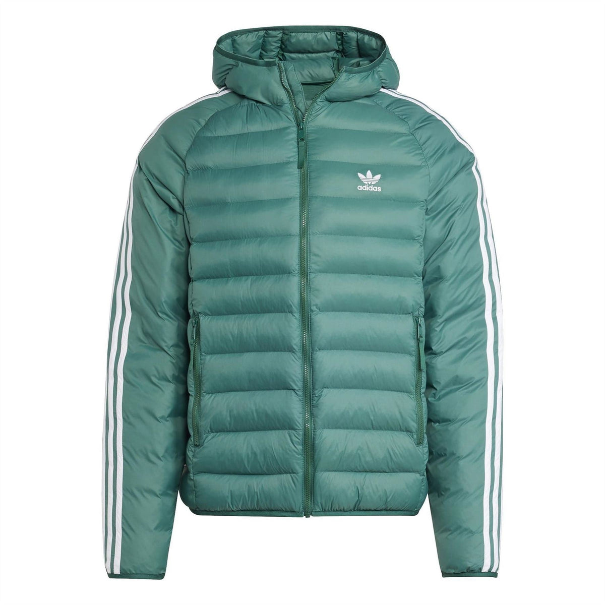 Teal hooded puffer jacket with full-zip front, white sleeve stripes, adidas logo