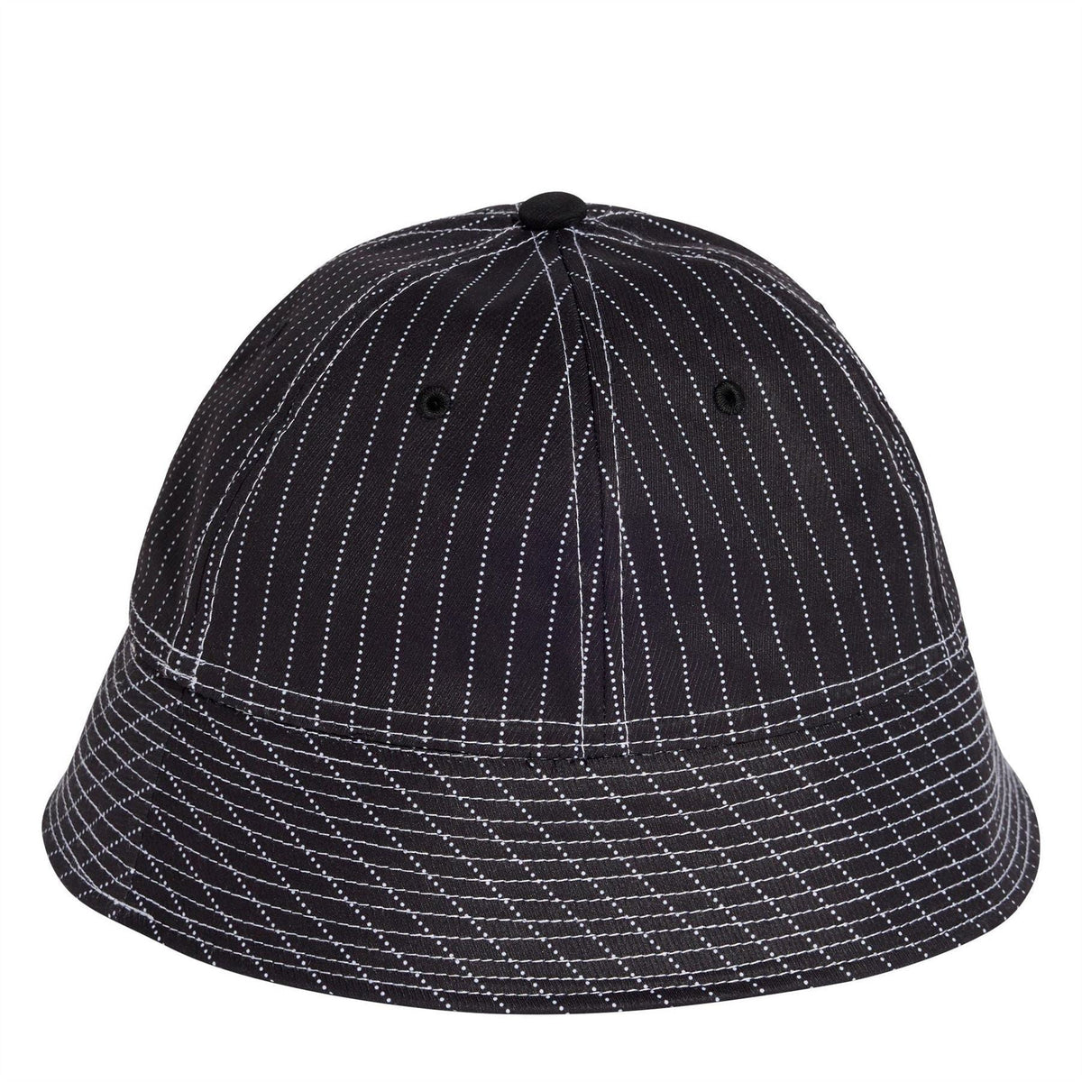 Black bucket hat with white dotted pinstripe pattern and stitched band around crown