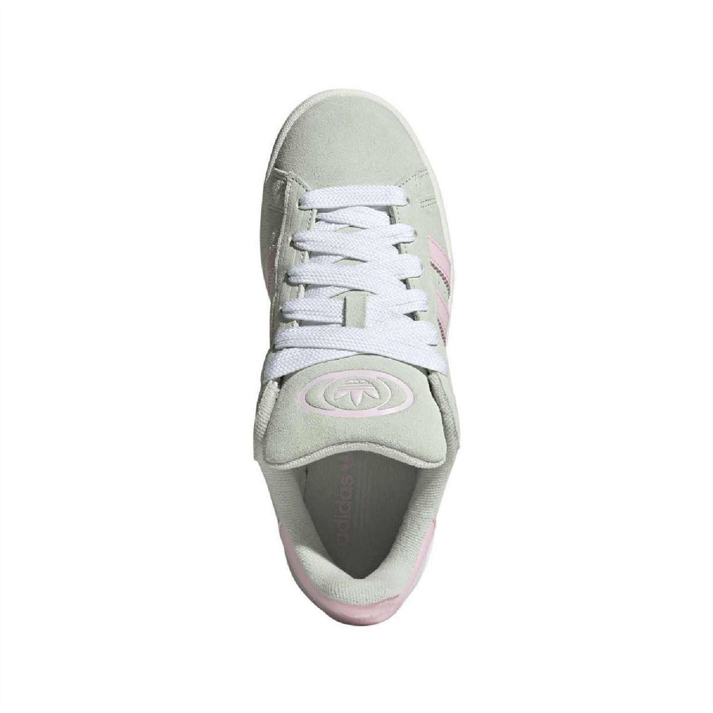 adidas Campus 00s trainers toe-up view, pale green upper with white laces and pink accents