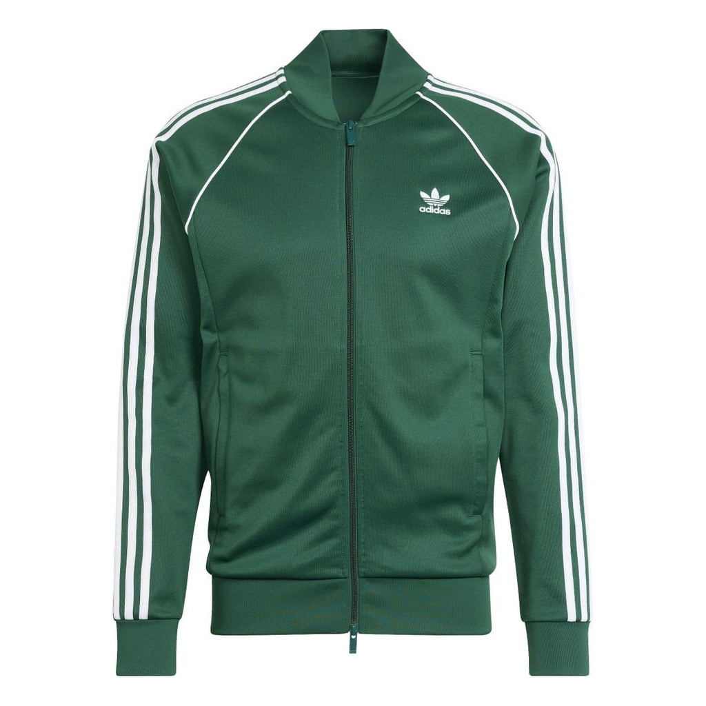 Green adidas track jacket with full-length zip, ribbed cuffs, and three white sleeve stripes