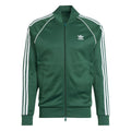 Green adidas track jacket with full-length zip, ribbed cuffs, and three white sleeve stripes