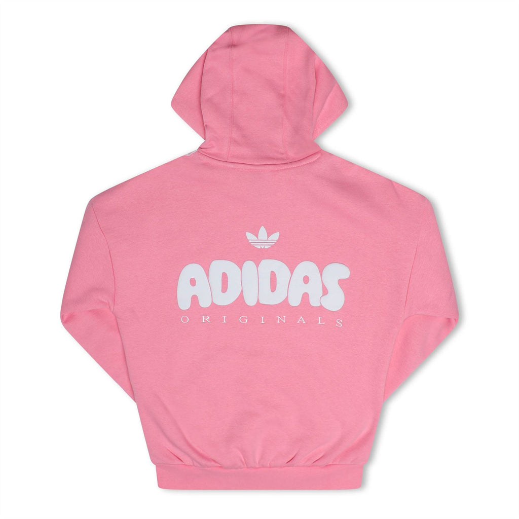 Kids pink adidas Originals hoodie with Trefoil logo and large Originals text on the back