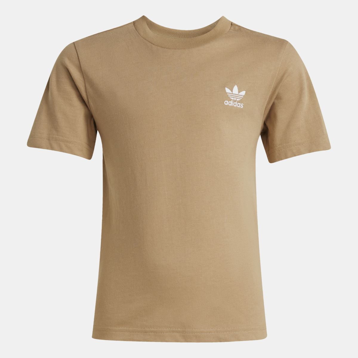 Tan adidas juniors T-shirt, short sleeves; small logo on chest; matching shorts below