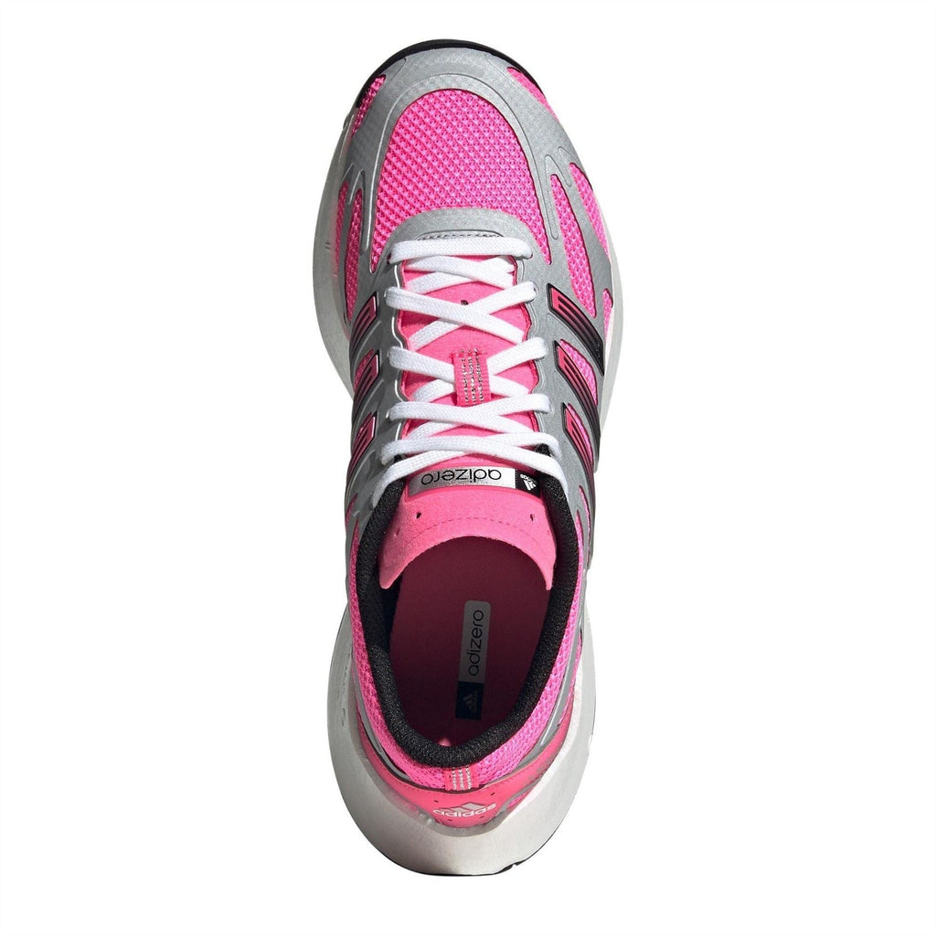 adidas running shoe top view, pink collar and tongue with white laces on gray base