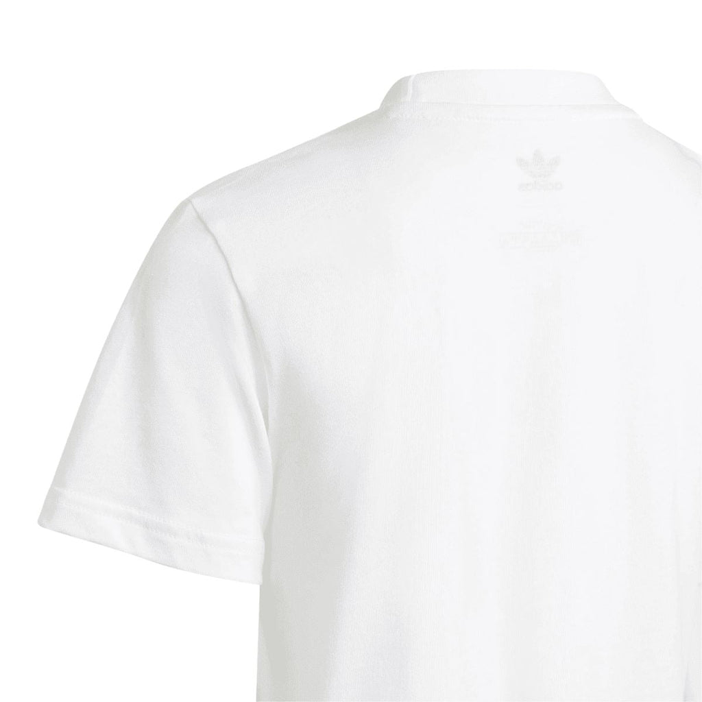 Infant white adidas graphic T-shirt back view with small trefoil logo near neckline