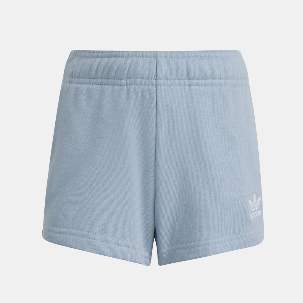 Light blue adidas kids shorts with elastic waistband and small side logo.
