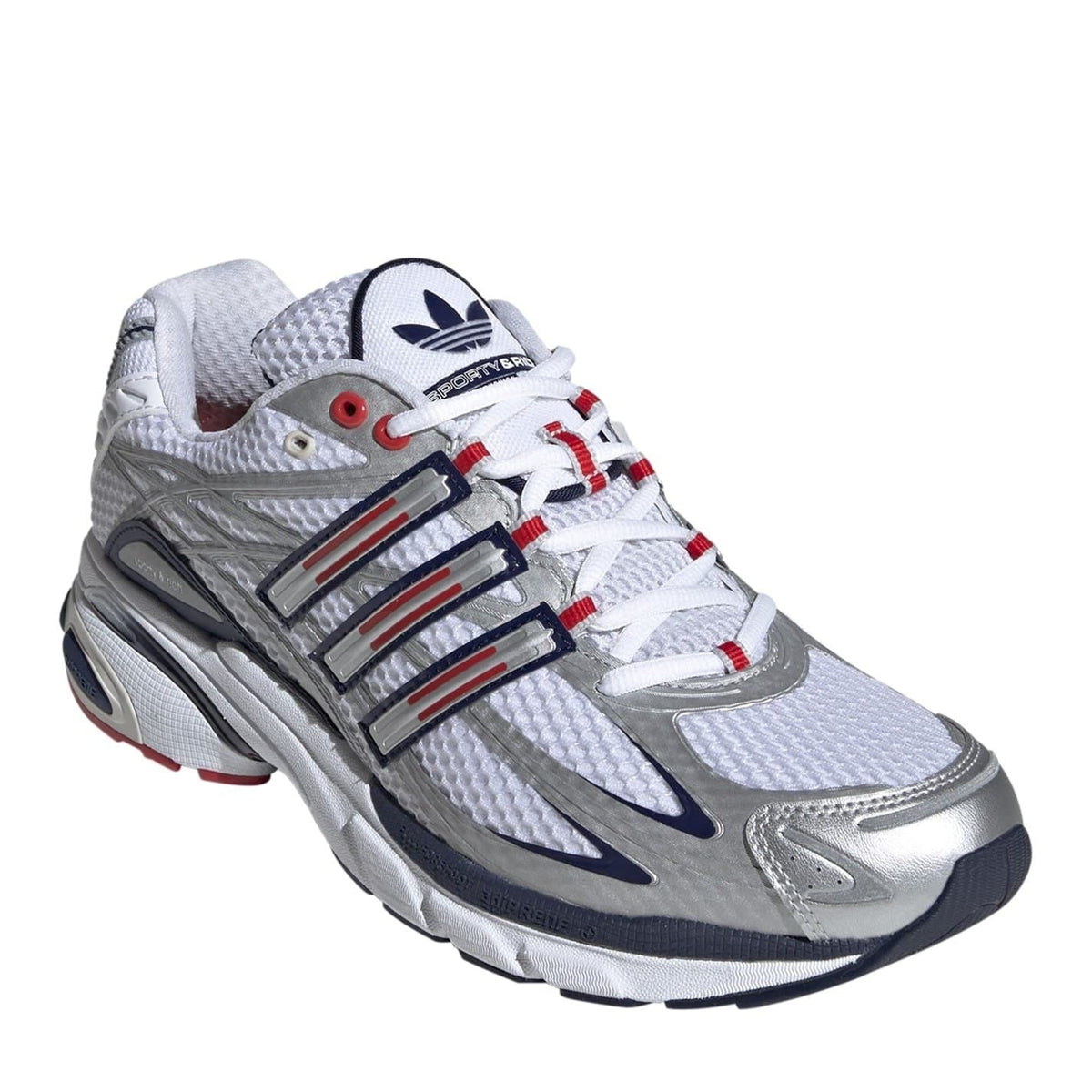 adidas Adistar lace-up low top sneakers in white with red accents, dark trim