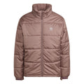 Burgundy padded puffer jacket with hood, full-zip front, and Adidas logo