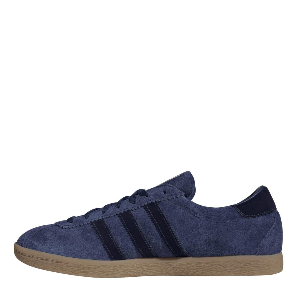 adidas Tabacco low top sneaker in dark blue, side view with three stripe detailing