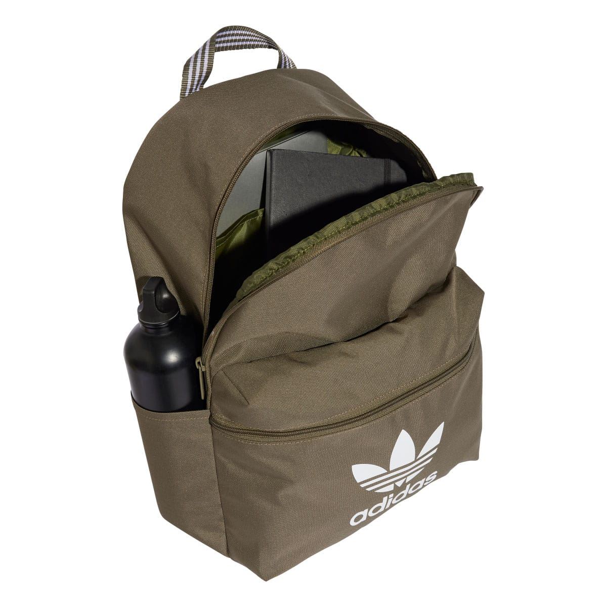 Olive backpack open top with internal compartment and bottle pocket, adidas trefoil logo