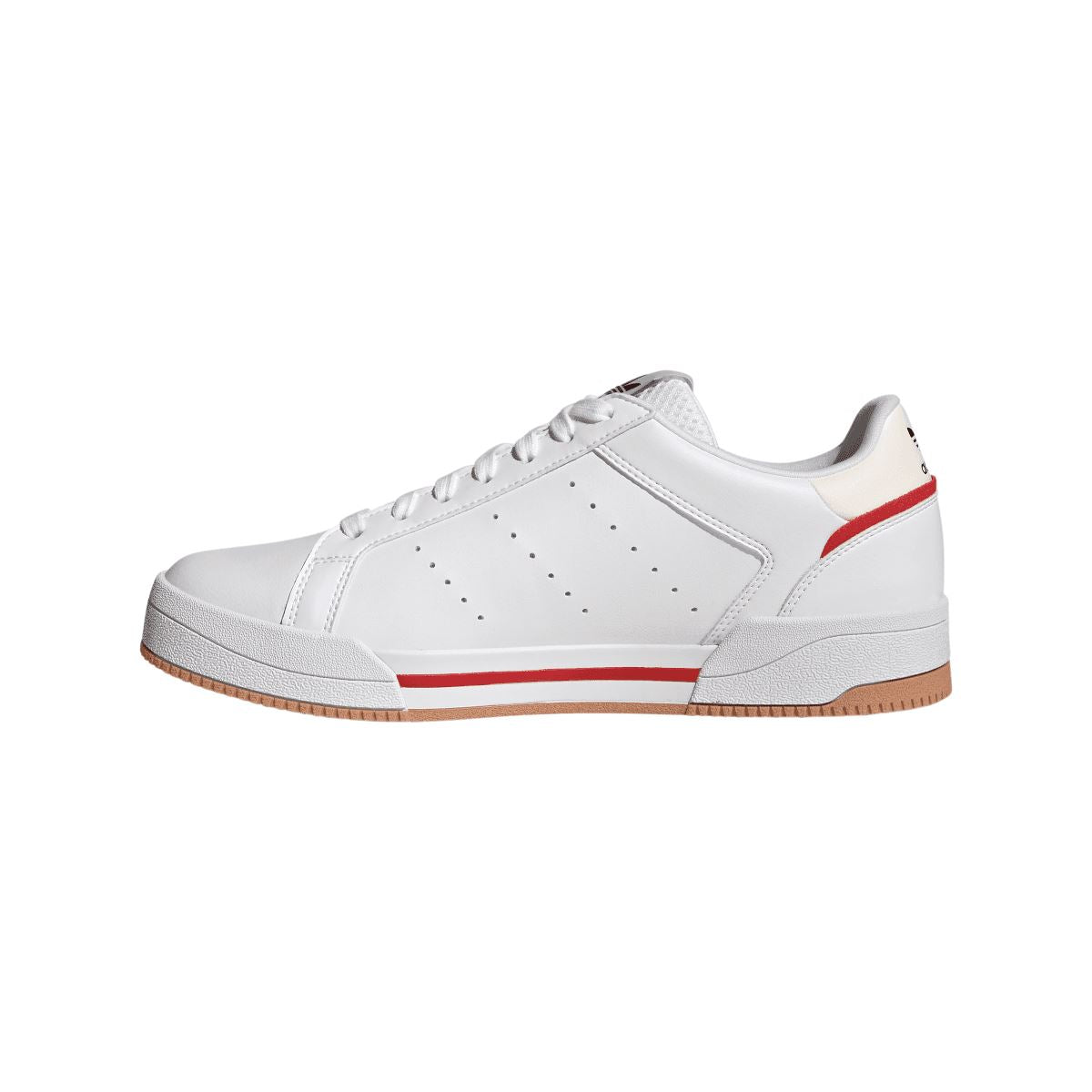 White lace-up trainers with perforated toe and red heel stripe; gum sole