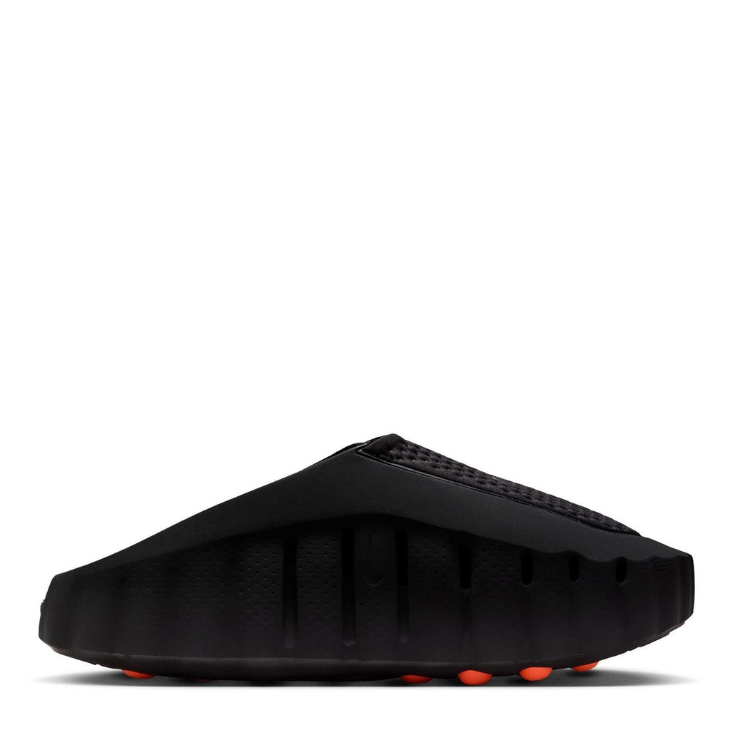 Nike Mind 001 sandals in dark black with textured upper and orange outsole pods