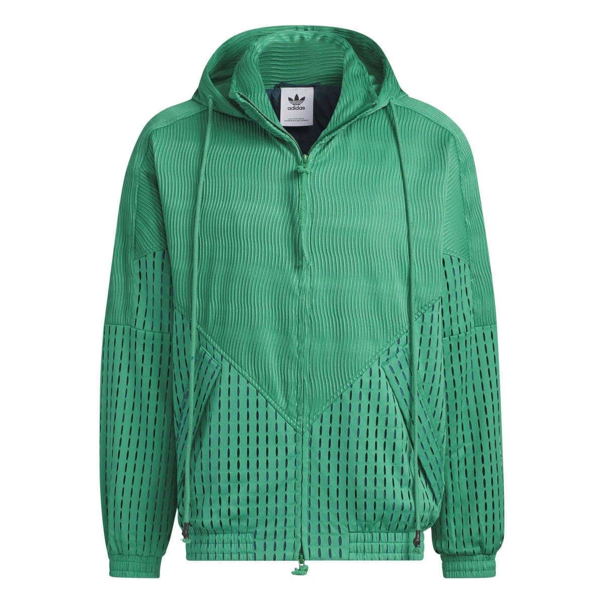 Green hooded zip jacket front view with adidas logo patch and ribbed collar