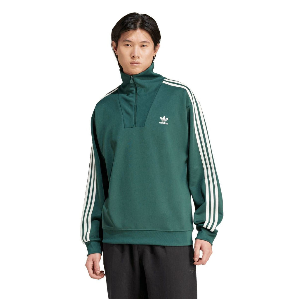 Green adidas Originals track top with funnel neck zip, white 3-stripe sleeves, and logo