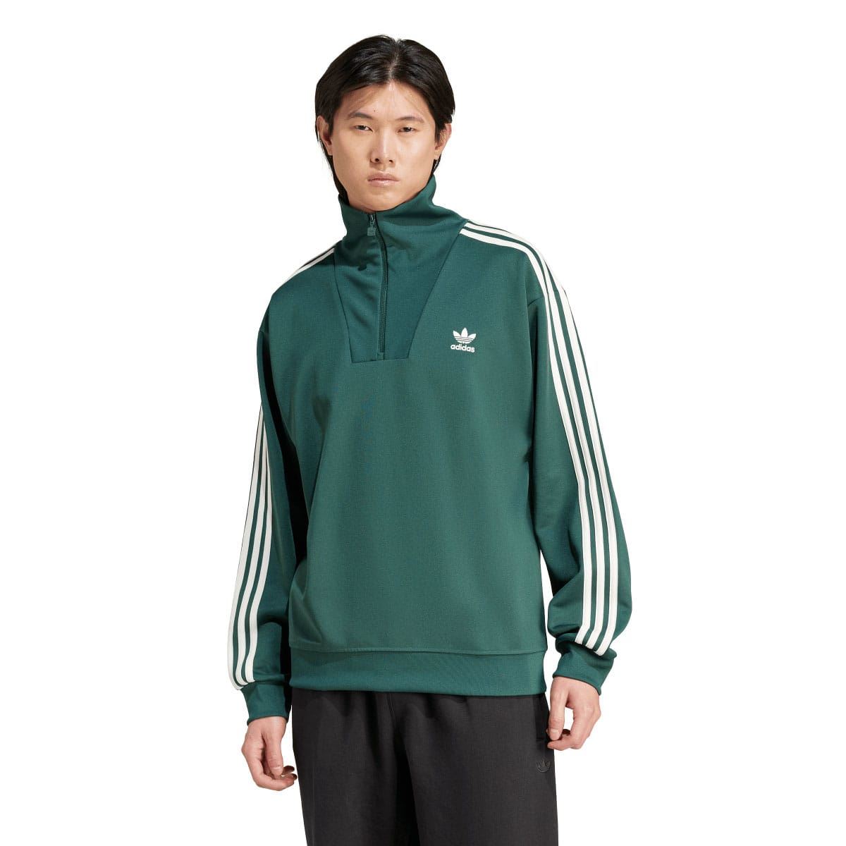Green adidas Originals track top with funnel neck zip, white 3-stripe sleeves, and logo