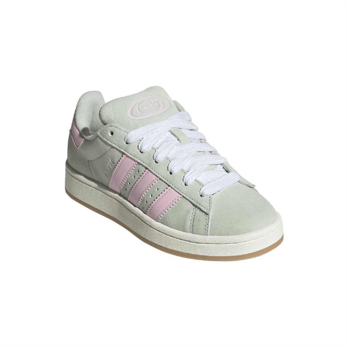 adidas Campus 00s trainers side view, pale green suede with pink stripes, white laces