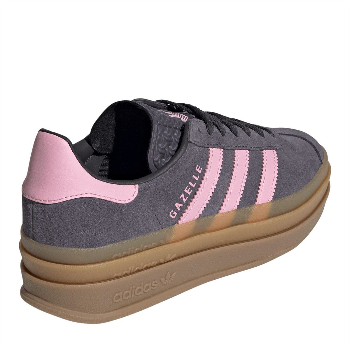 Dark gray Gazelle Bold sneakers with pink heel panel and blue-gray side stripes