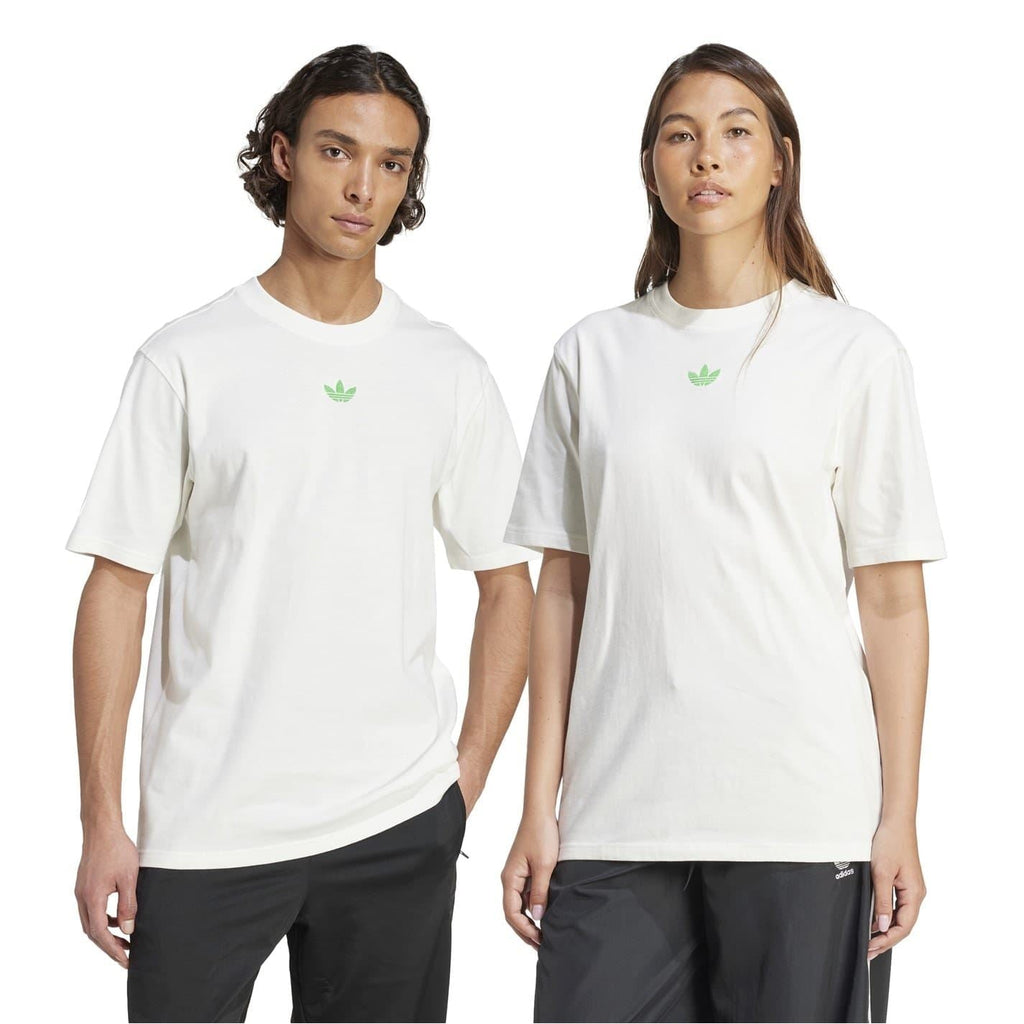Blue adidas Originals crew neck T-shirt with ribbed collar, short sleeves, and classic sporty design.