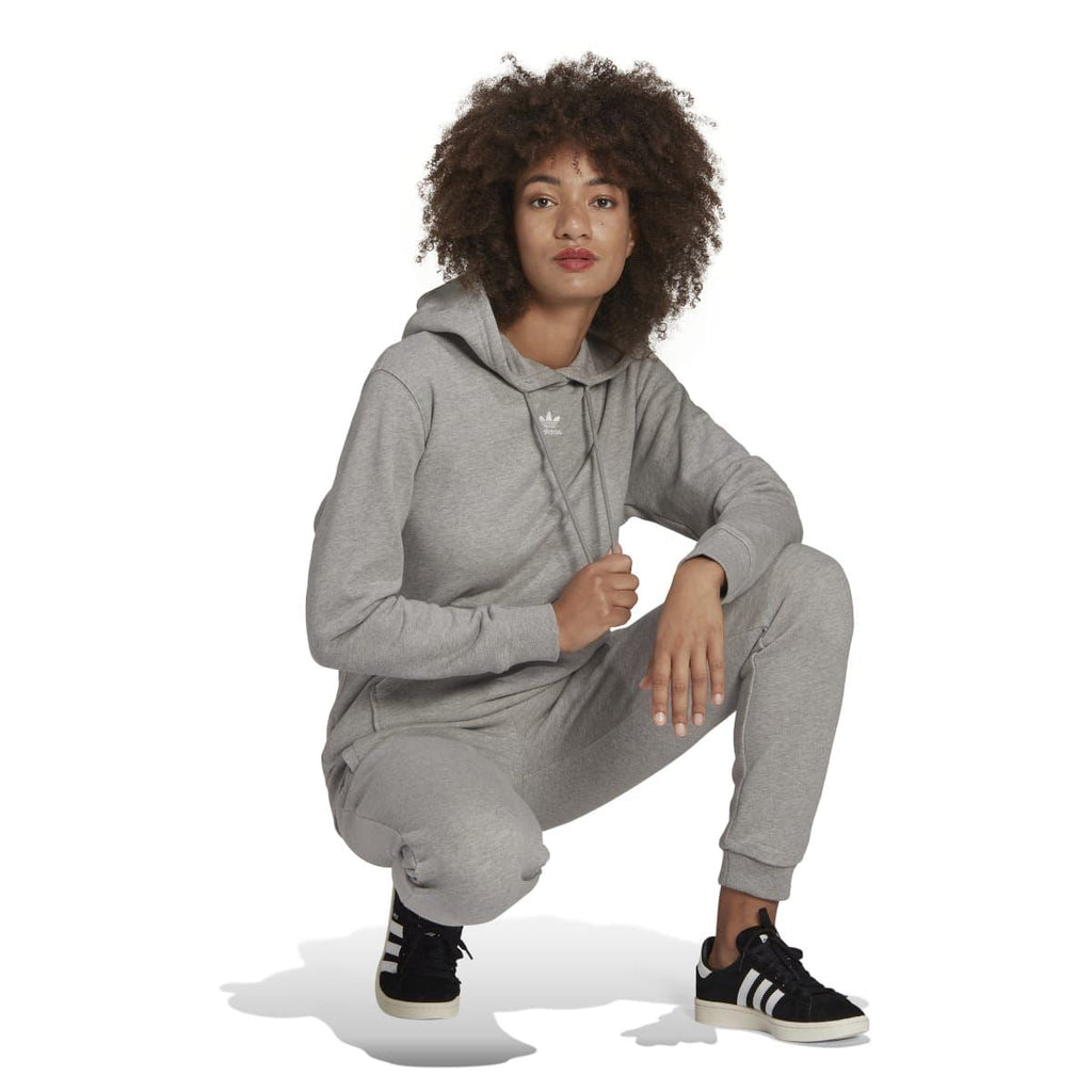 Grey heather hoodie with hood drawstrings, kangaroo pocket, and ribbed cuffs