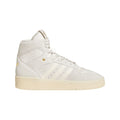 Off-white high-top sneakers with three side stripes and gum-look rubber sole