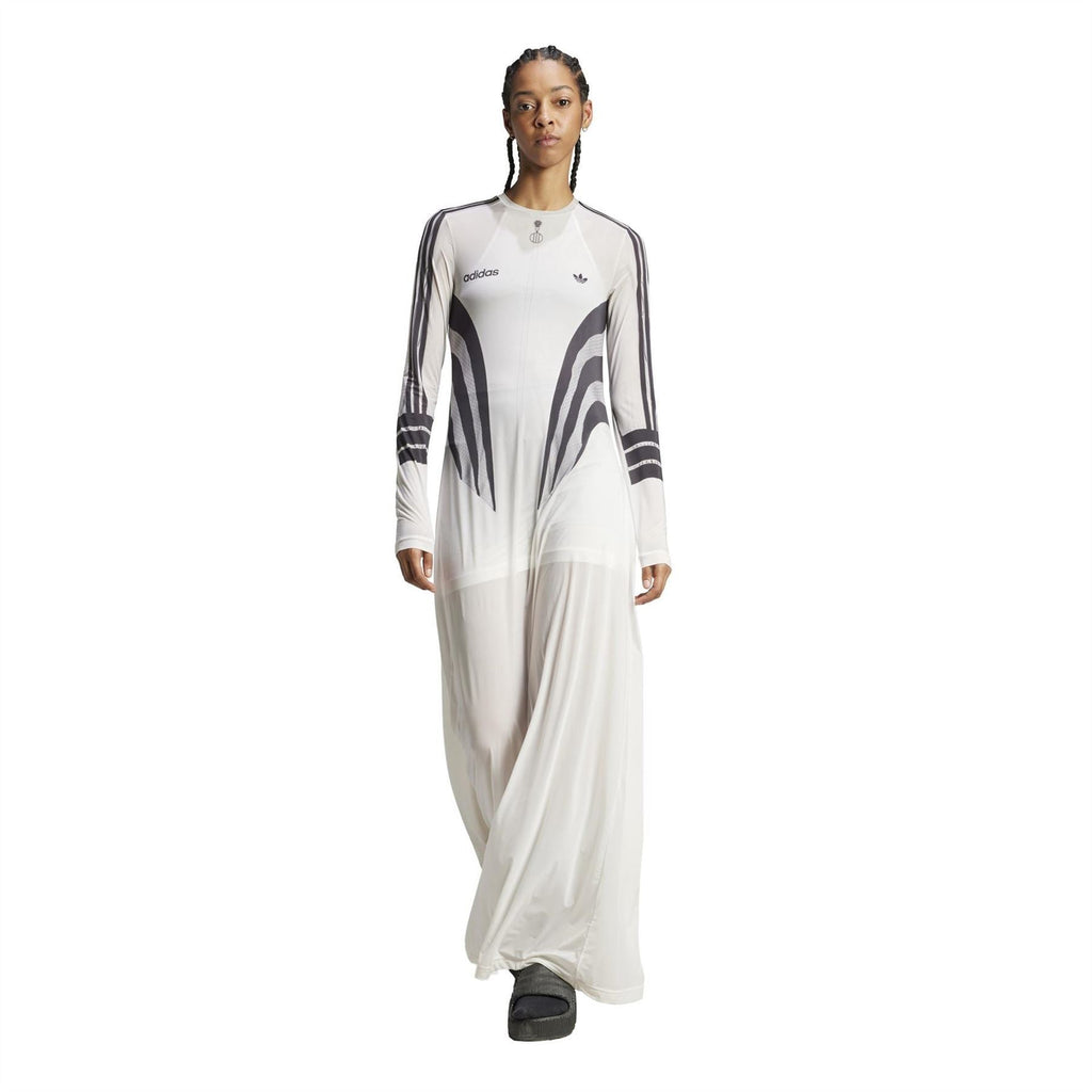 adidas Originals Atlanta Dre white maxi dress, long sleeves, dark abstract chest print