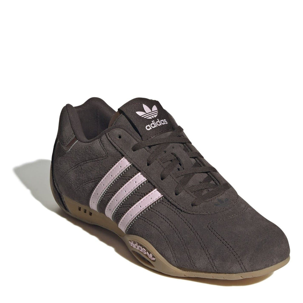 adidas low-top sneakers in dark brown with three stripes, lace-up, and logo tongue