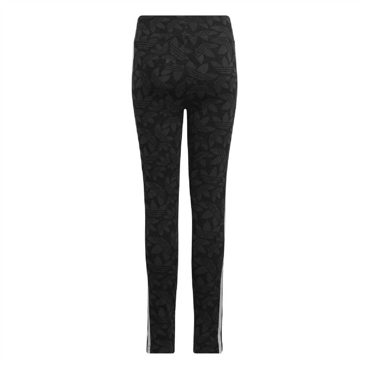 Black adidas Originals leggings, allover print pattern and slim side white stripes