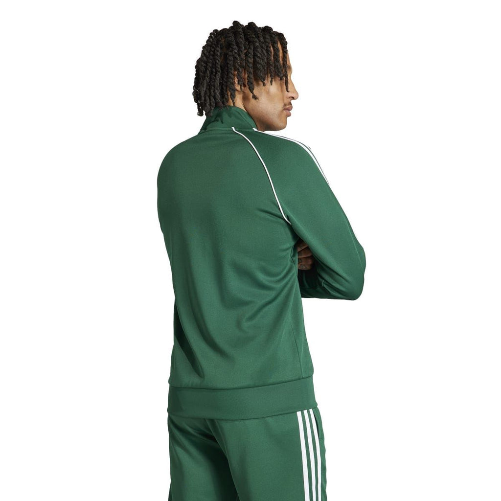 Green adidas track jacket back view with stand collar and three white sleeve stripes