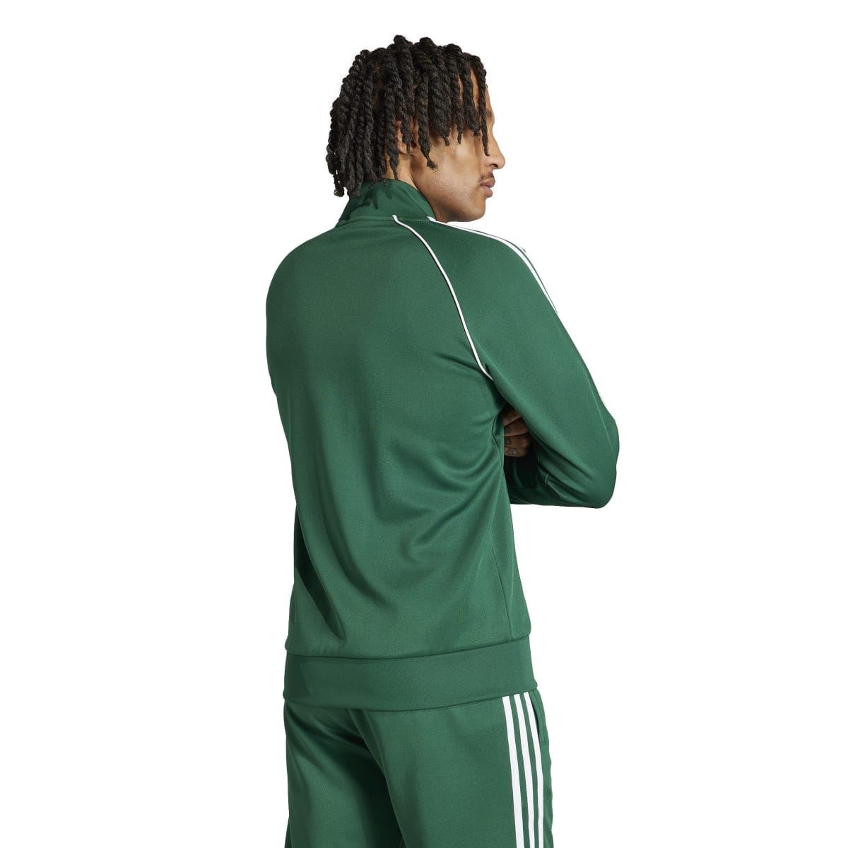 Green adidas track jacket back view with stand collar and three white sleeve stripes