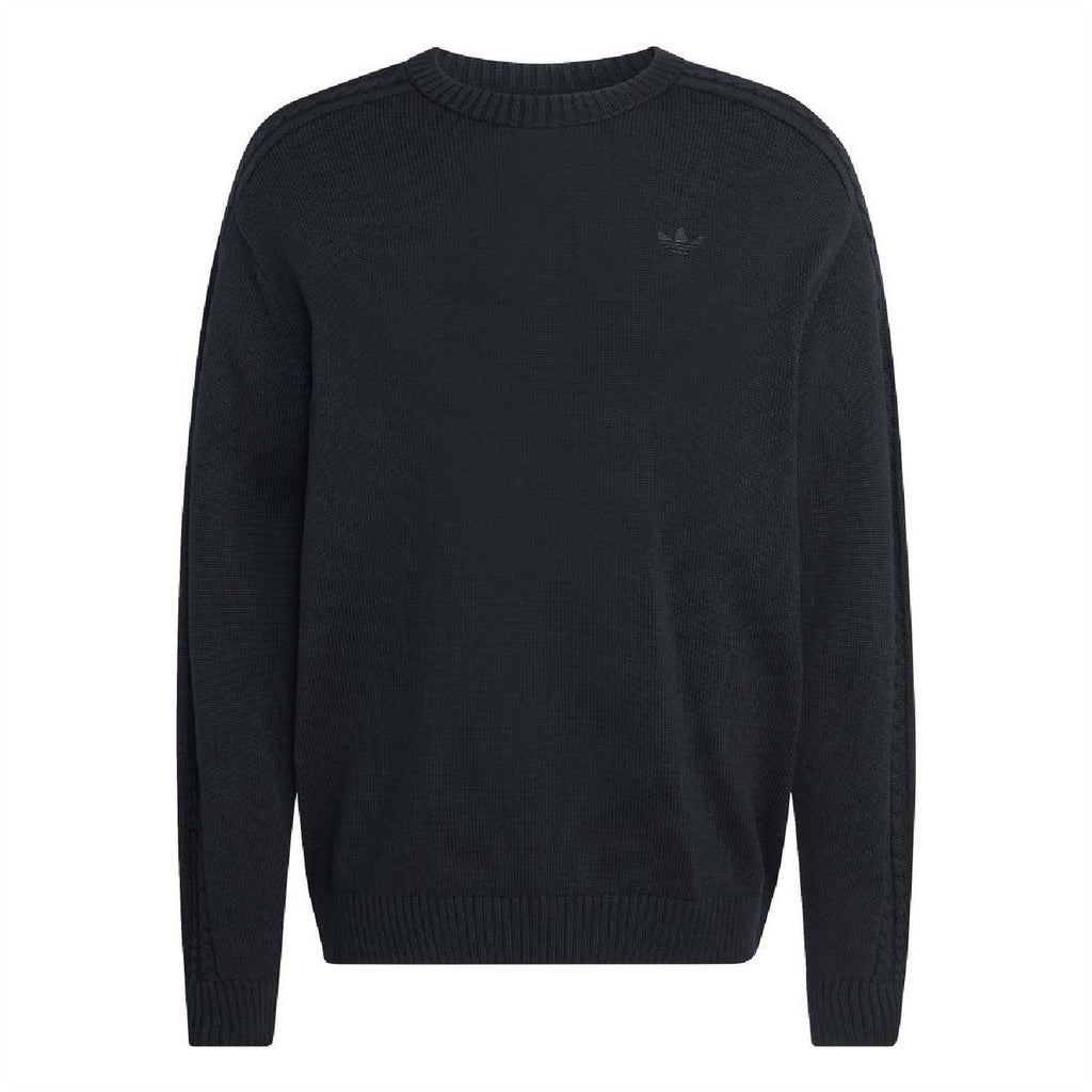 Black crew neck sweater with raglan sleeves and ribbed hem and cuffs