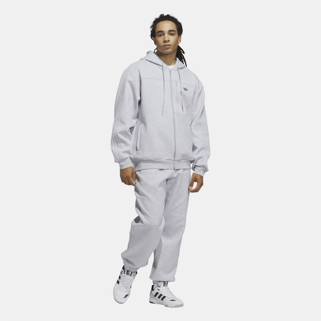 Grey adidas Originals fleece zip hoodie worn with matching sweatpants