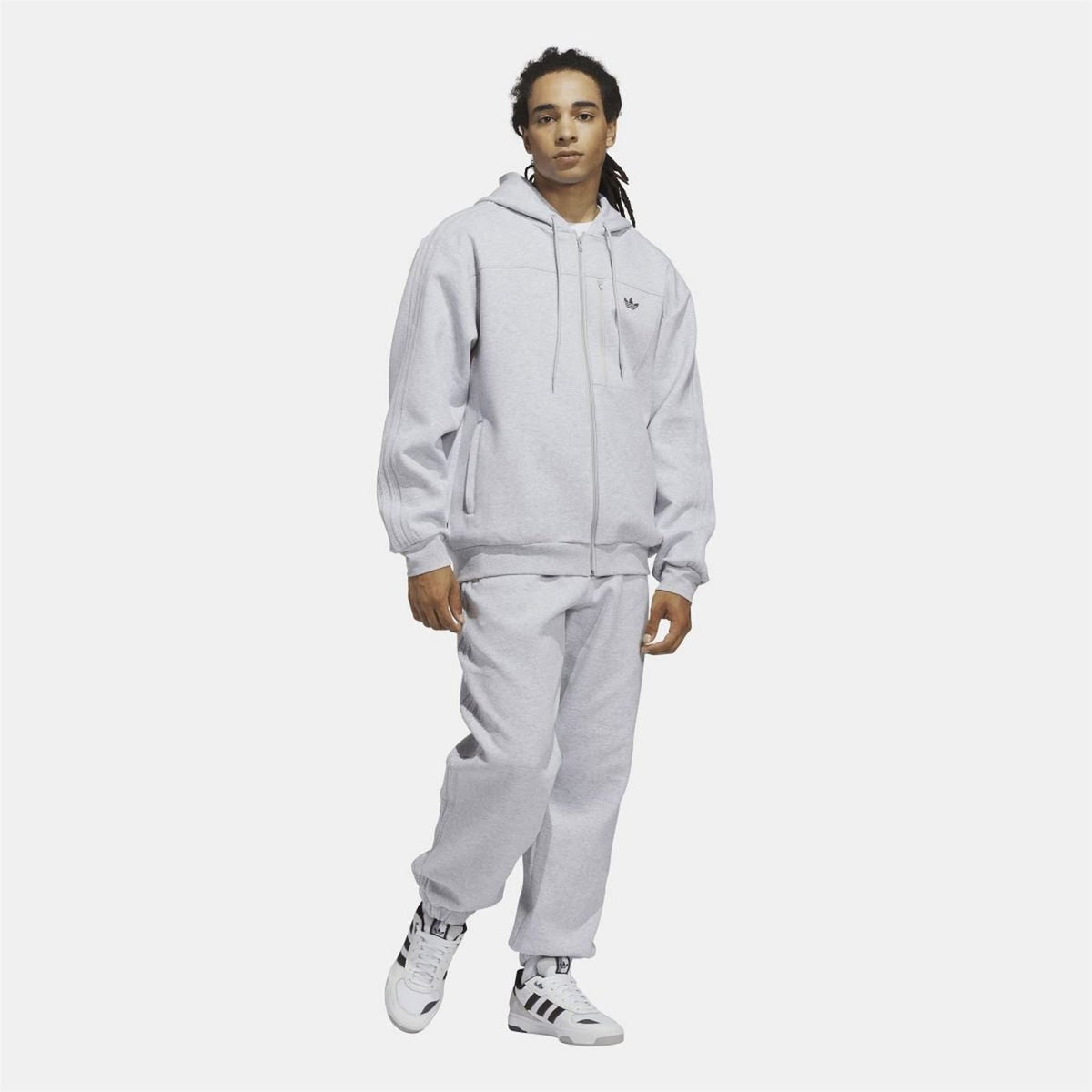 Grey adidas Originals fleece zip hoodie worn with matching sweatpants