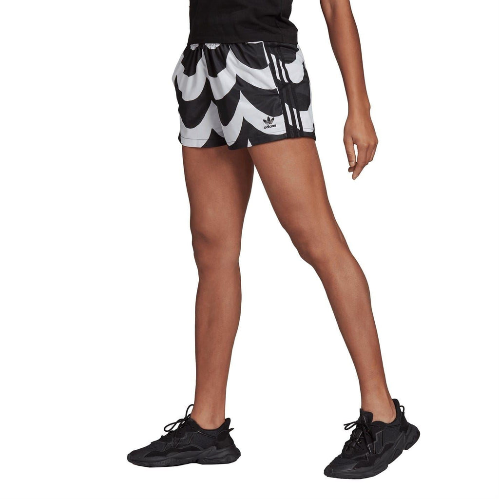 Black and white patterned athletic shorts with drawstring waistband