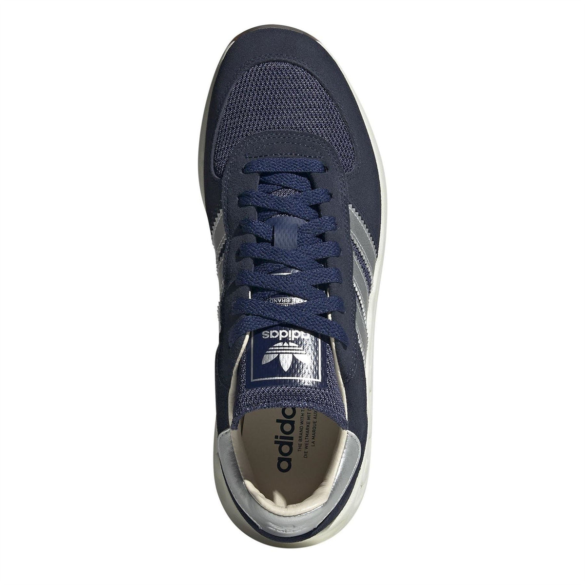 Navy lace-up trainer with Adidas logo on tongue and silver-trimmed heel collar