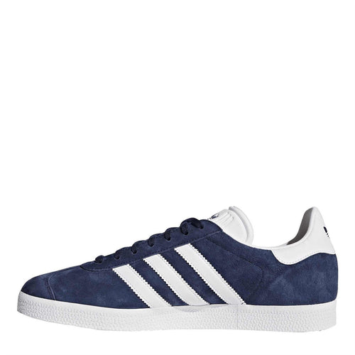 Adidas Gazelle JN64 suede sneakers, navy upper with white three stripes and white heel