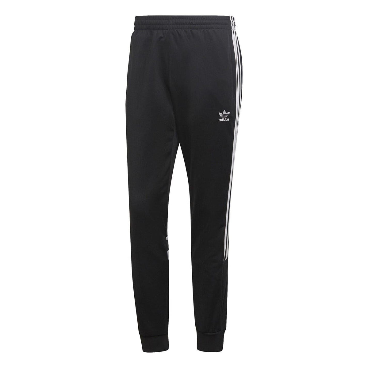 Black adidas Originals slim joggers with white three-stripe panels and ribbed ankle cuffs