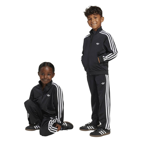 Kids adidas Firebird tracksuit set, black with white triple stripes, zip jacket and pants