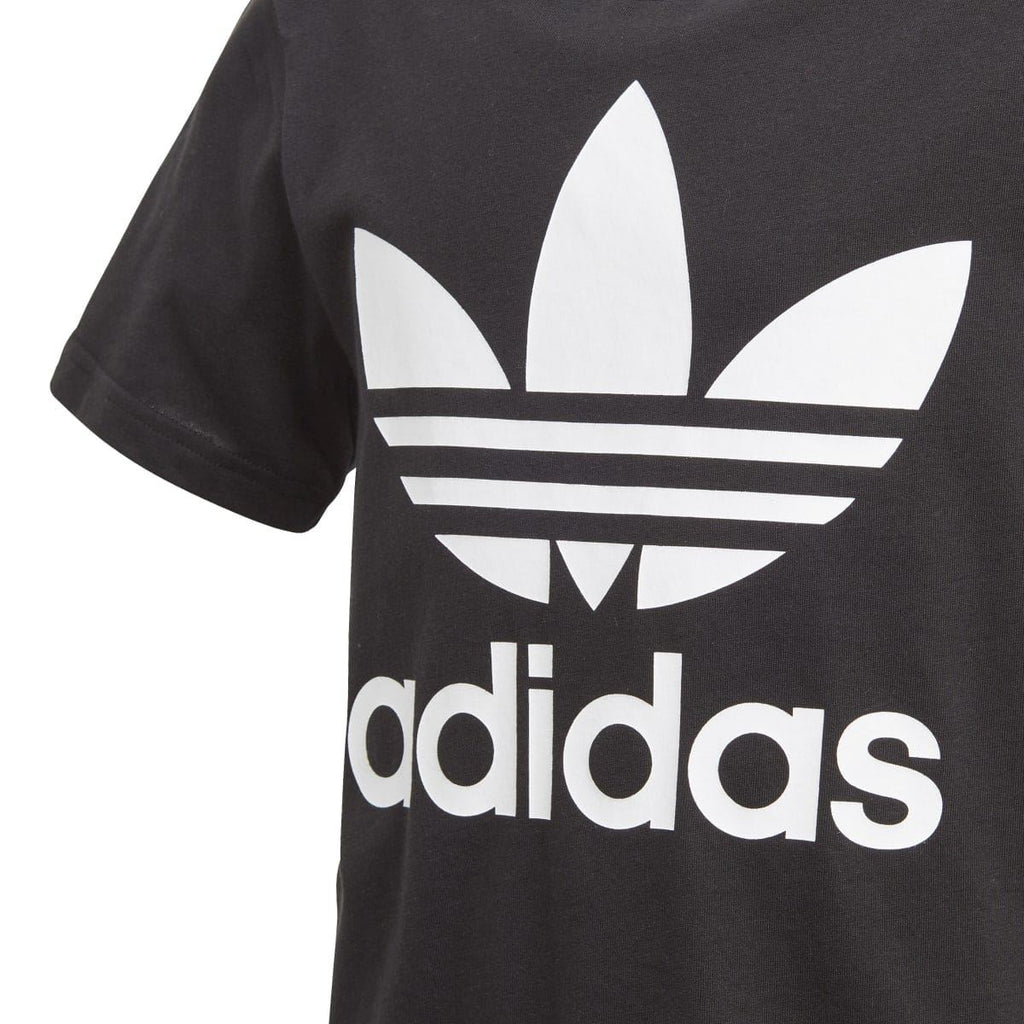 Kids black T-shirt with large white Trefoil logo and adidas wordmark print