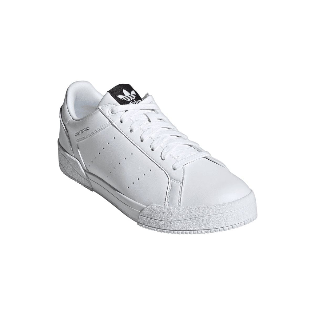 White adidas Originals Court Tourino trainer with trefoil logo on tongue and perforated toe.