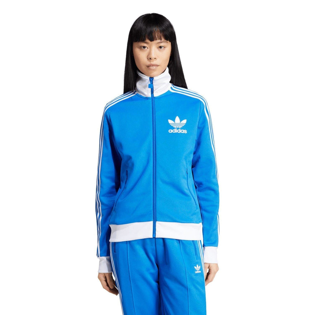 Blue track jacket with full zip, stand collar, white adidas logo and sleeve stripes