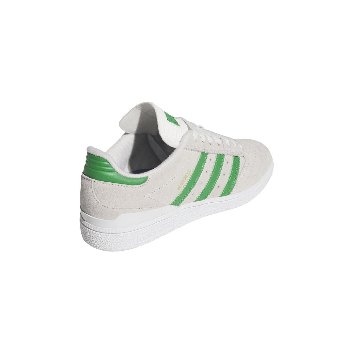 White low-top sneaker from rear side with green stripe accent on heel.