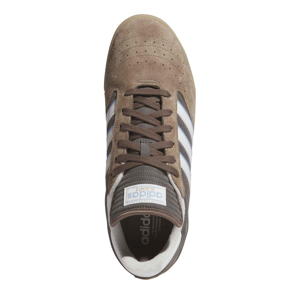 adidas Originals low-top skate shoe, front view with brown suede, laces, and white stripes