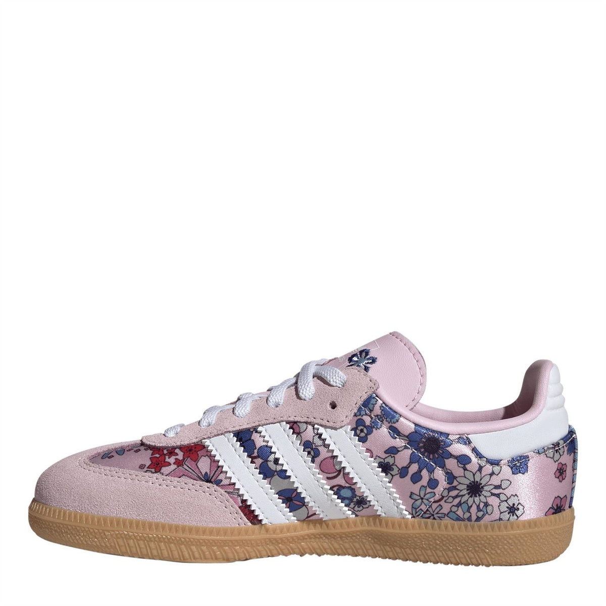 Floral low-top sneakers in pink and mauve with white triple stripes and lace-up.