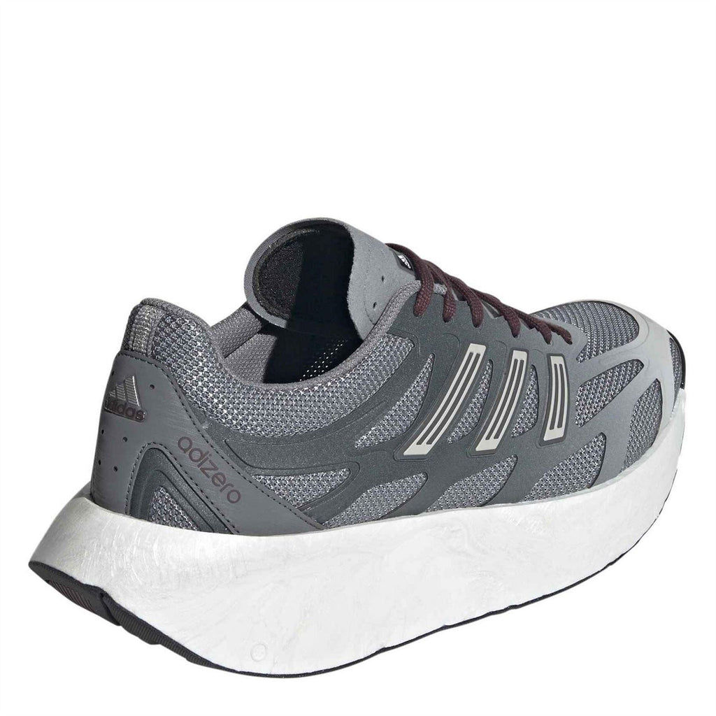 Grey knit heel lace-up shoes with maroon laces, padded collar, and white midsole