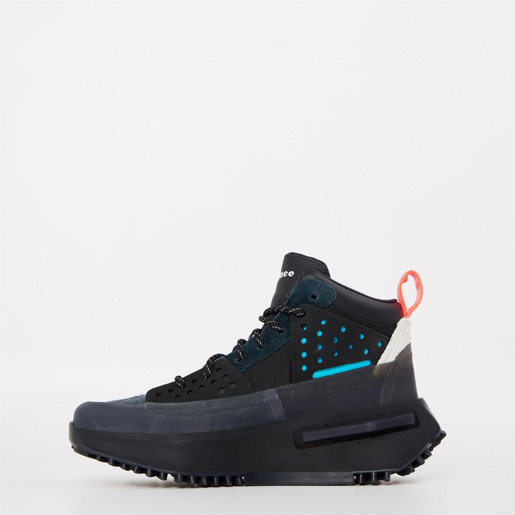 adidas Originals NMD S1 hi-top sneakers, black/blue side view with thick tread sole